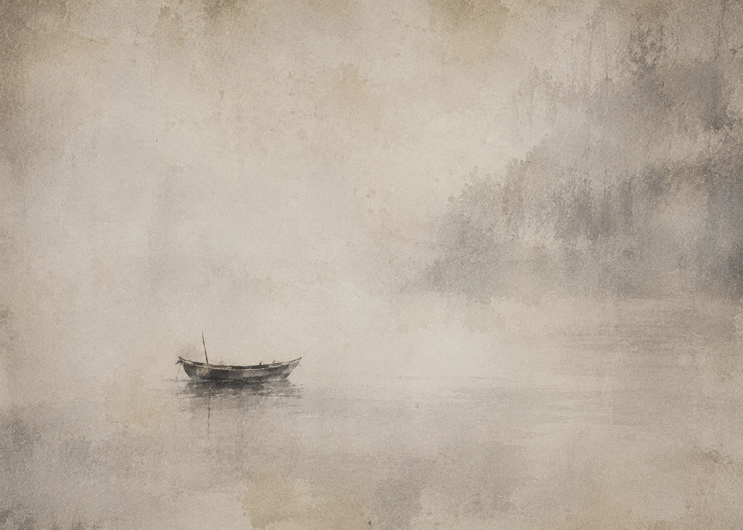 雾中小舟，侘寂静物风格的空间挂画作品